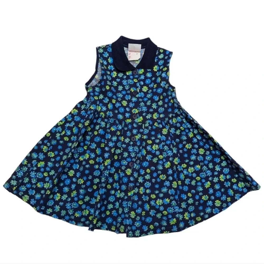 Vintage Collection 1 2 3 Girls Size 5 Floral Navy & Green Button Down Dress Polo